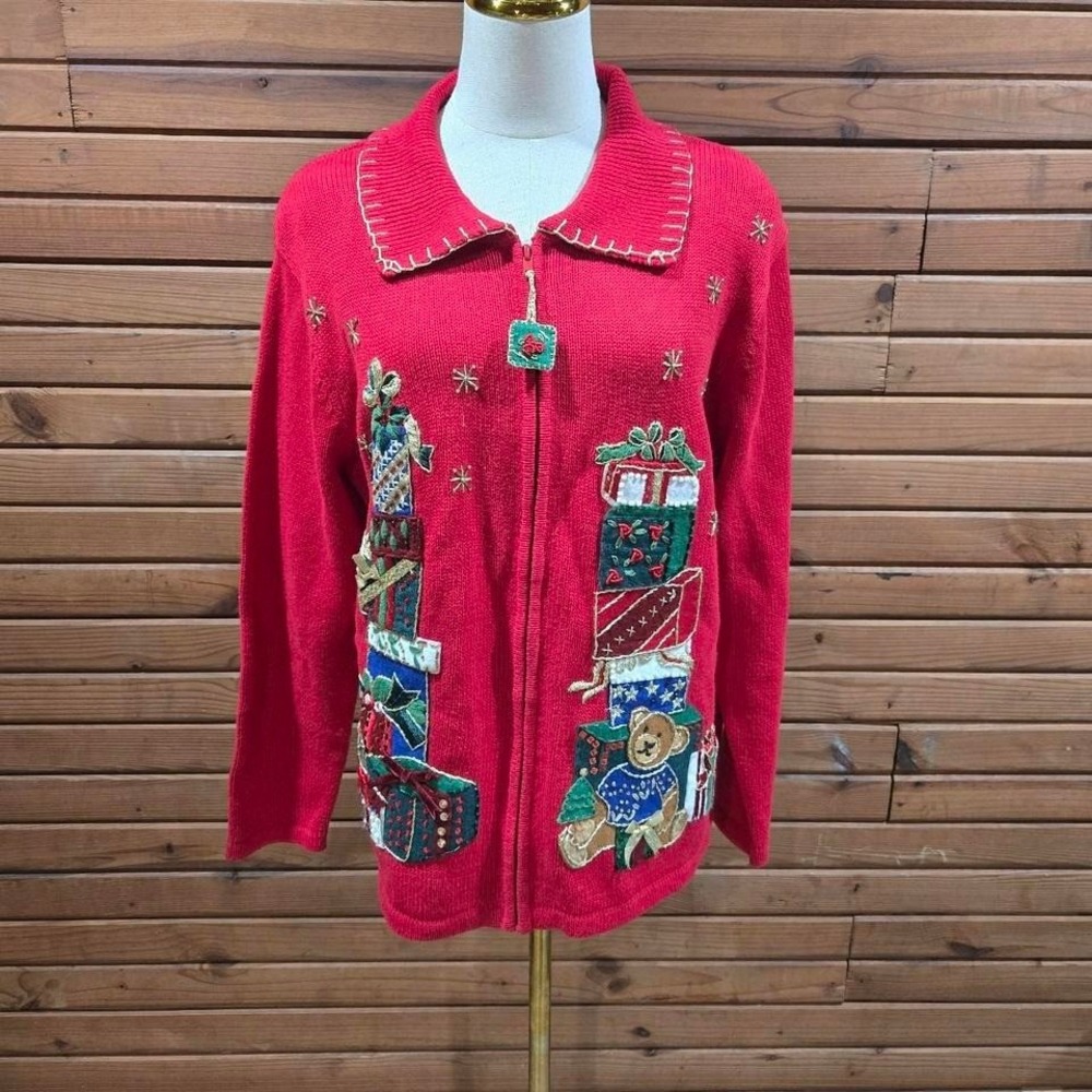 Vintage Tiara Womens Size M Grannycore Christmas Presents Zip-up Holiday Sweater